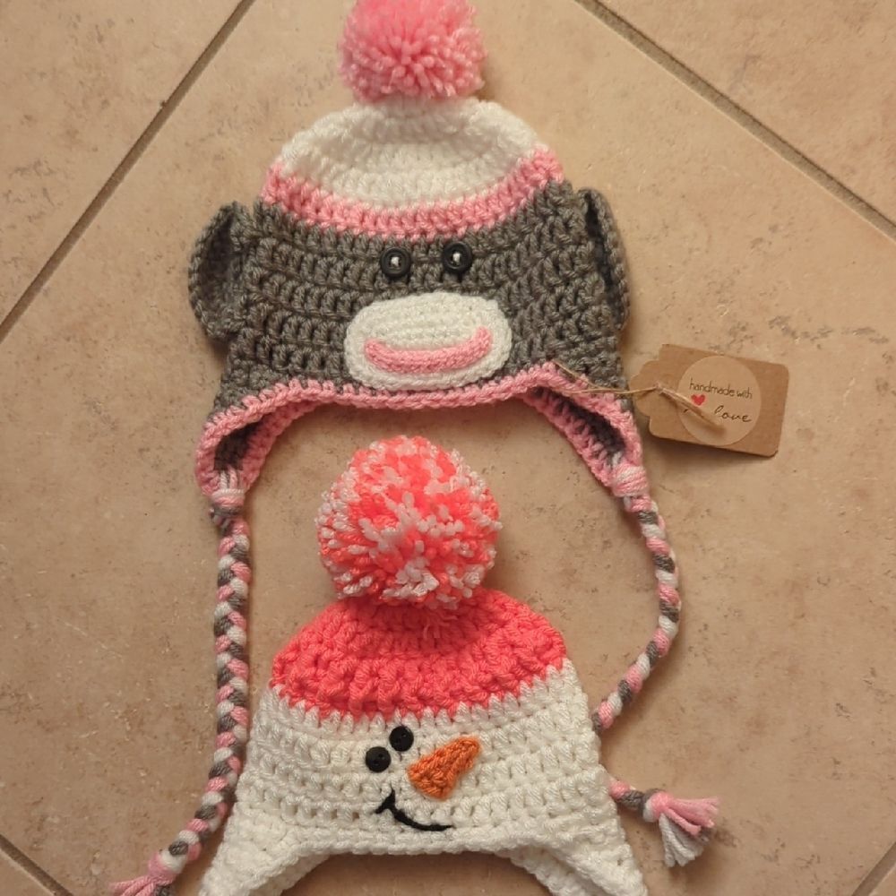 Handmade Crochet Animal and Snowman Hat Beanie Sock Monkey - Pink, Gray, White
